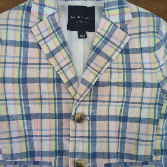 Janie and Jack Boys Plaid Linen Blazer size 5 NEW NO TAGS Blue/pink/yellow - Picture 2 of 6